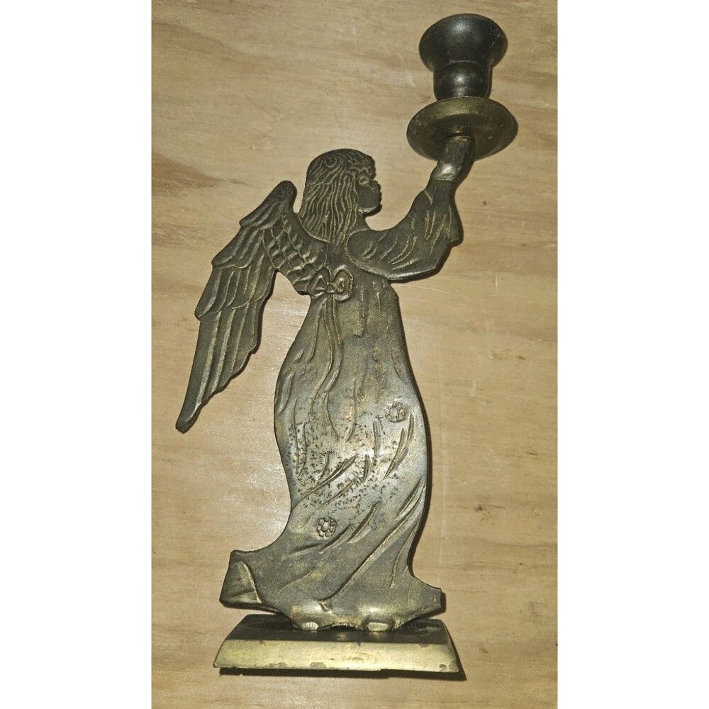 VTG Christmas Solid Brass Angel Candle Stick Holder Classic Holiday Decor 10" In